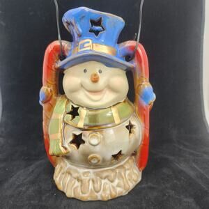 Christmas Snowman Lantern Ceramic 9" (Use w/Tea Light Candle) Decore